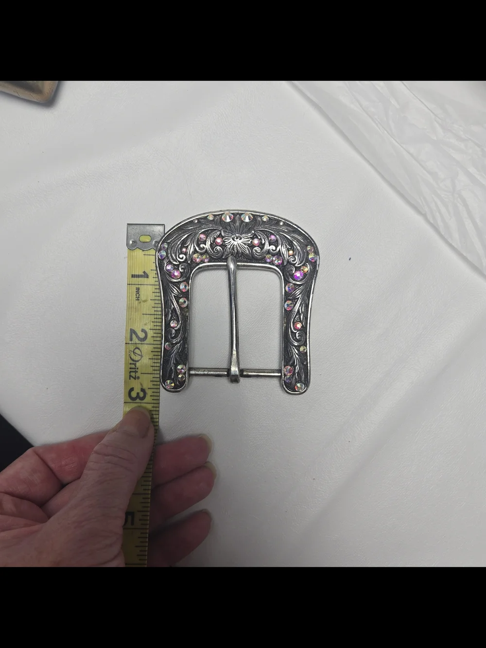 Ariat Silver Floral Western Belt Buckle with Pink/Iridescent Crystals